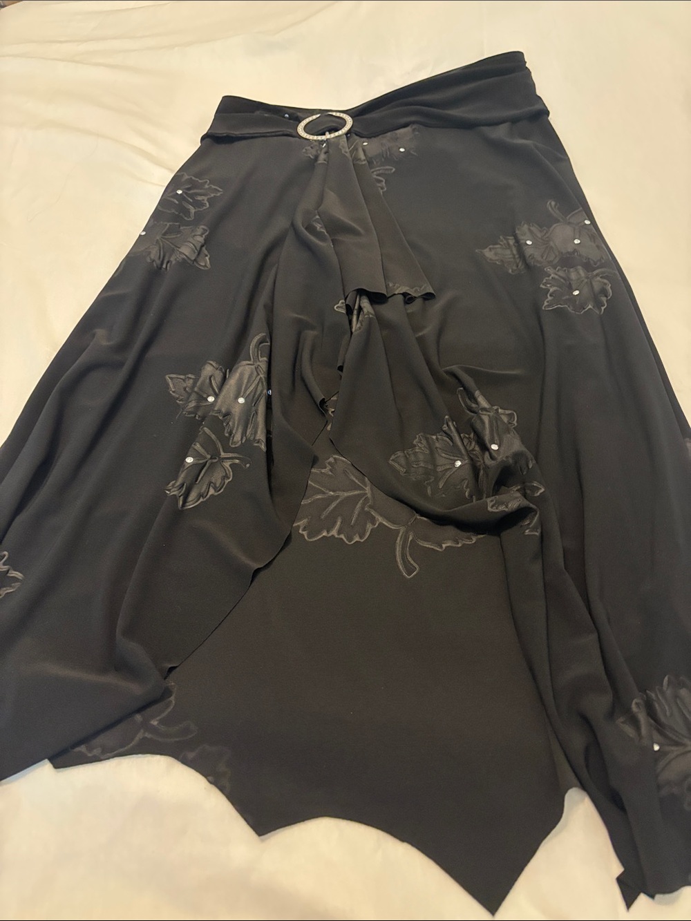 VTG Janine Black Asymmetrical Skirt SZ M rhinestone ring O-buckle emboss leaves